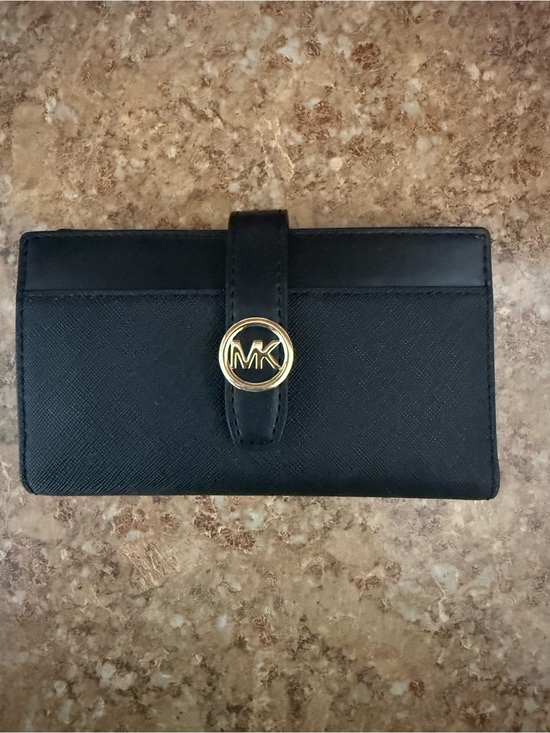 Michael Kors Handbags - Michael Kors Black Wallet with Gold MK Logo EUC